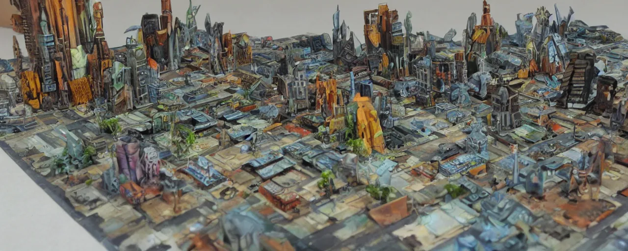 Image similar to functional mini sci-fi city made out painted cardboard