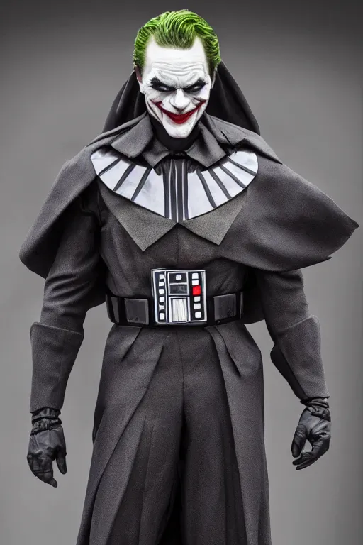 Prompt: Joker wearing vader's armor suit, cosplay, full character, cinematic, highly detailed, highly realistic