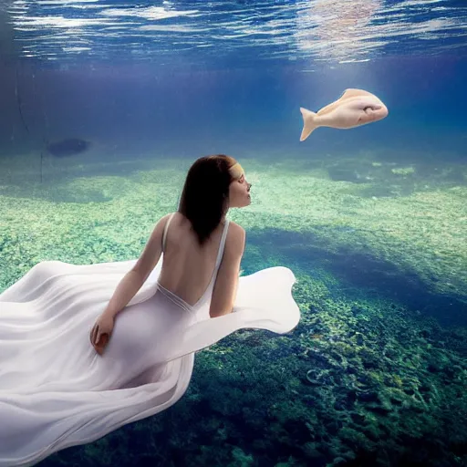 Prompt: portrait photo by mort kunstler and annie leibovitz and monia merlo, a beautiful symmetrical perfect woman in an irridescent one piece swimsuit completely covered in a sheer flowing long white sheet floating in the center of an aquarium, backlit, 4 d, 4 k, volumetric lighting, photorealistic, light ray, hyperdetailed