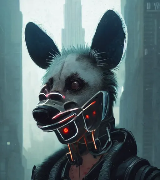 Image similar to new york city portrait icon of furry anthro anthropomorphic spotted hyena head animal person fursona wearing clothes strange cybernetic metal muzzle gloomy rainy screenshot from the video game cyberpunk 2077 digital art by Greg Rutkowski, Simon Stalenhag, christopher nolan trending on Artstation, CGSociety