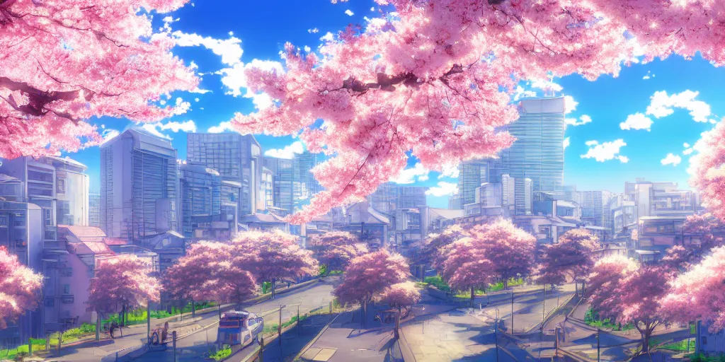 Prompt: anime style cityscape, spring season anime city, cherry blossoms in the wind, day time, sun high in the sky, sun glare, clear weather, blue sky, tokyo japan, high detail and very sharp, detailed shading, artstation, wallpaper, kyoto animation productions, a silent voice