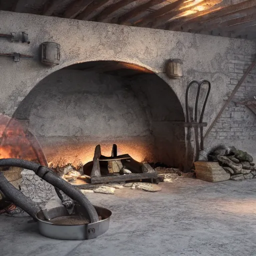 Image similar to 8 k hd detailed octane render of an iron age forge