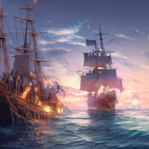 Prompt: A beautiful ultradetailed anime illustration of pirates on deck, pirate ship, makoto shinkai and thomas kinkade, anime art wallpaper 4k, trending on arstation W- 1024