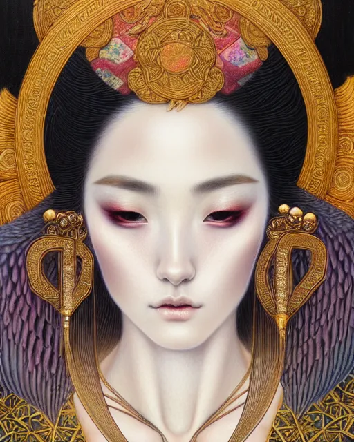 Prompt: portrait of a beautiful goddess of mercy, unusual beauty, esoteric, muted colors, head in focus, fantasy art, ornamental aesthetics intricate, elegant, highly detailed, hyperrealistic painting, artstation, concept art, painterly, sharp focus, illustration, art by chie yoshii