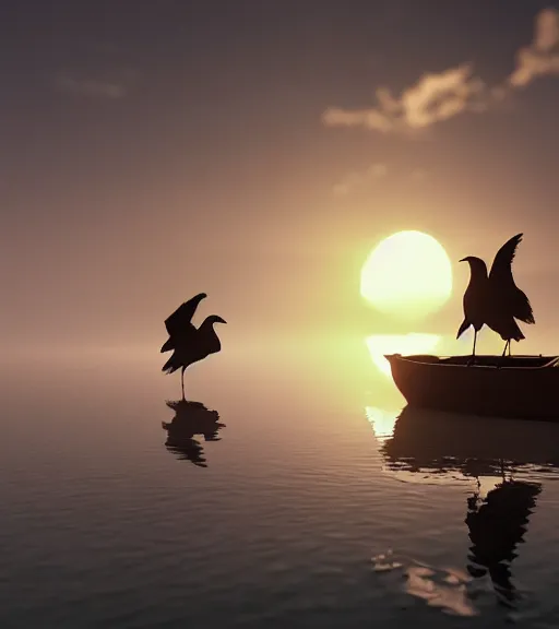 Image similar to three humans with a reflection of three crows in a little boat in a swamp, volumetric lighting, fog, majestic light, octane render, ethereal glare of the sun, hyperrealistic, epic, masterpiece, by makoto shinkai