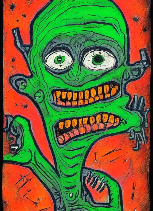 Image similar to a crazy alien art horror portrait, which has weird stretched out eyes and a misshapen mouth, green skin and orange background, art brut by a psycho man, full color crazy outsider outsider art