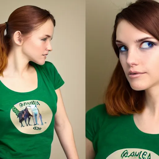 Image similar to portrait of an 20-something Canadian dressed in, light brown hair, green eyes, vintage tshirt and jeans, pony tail, girl next door innocent look, elegant pose, masterpiece