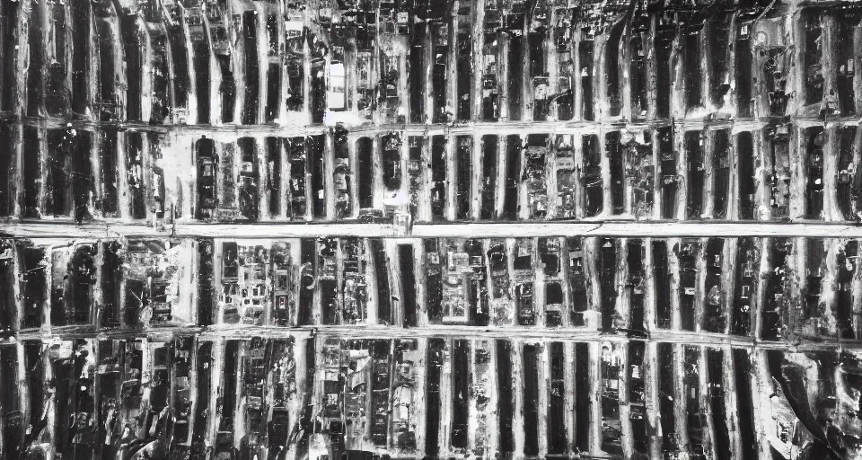 Image similar to aerial image of a street in the winter, black and white photograph by andre kertesz