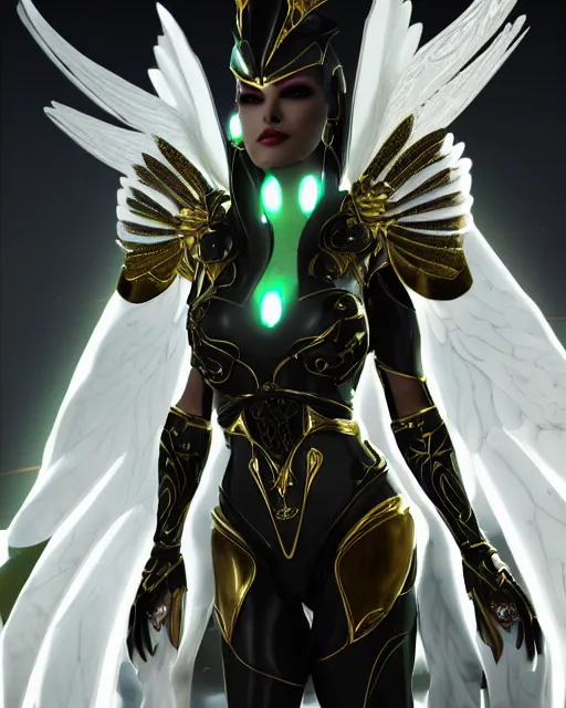 Prompt: sultry egyptian queen wearing white dove wings, warframe armor, regal, attractive, ornate, sultry, elize theron, pretty face, green eyes, scifi platform, 4 k, ultra realistic, epic lighting, illuminated, cinematic, black gold, art by akihito tsukushi, voidstar