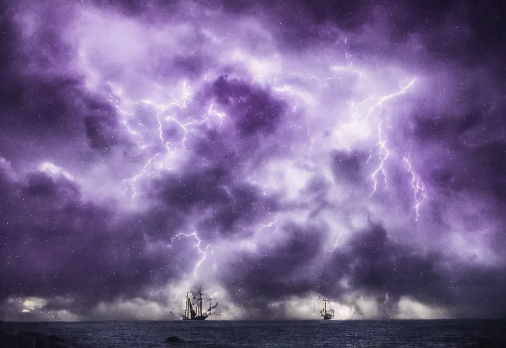 Image similar to purple color lighting storm with stormy sea, pirate ship firing its cannons real life trippy nebula sky 50mm shot