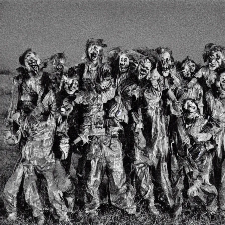 Image similar to distorted 1 3 mm film photograph of a group of clowns in a field holding machetes at night, liminal, dark, thunderstorm, dark, flash on, blurry, grainy, ominous lighting