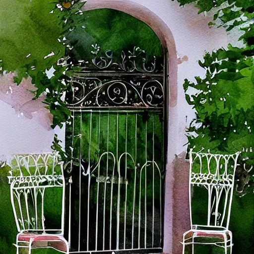 Prompt: delicate, chairs, garden, paved, botanic watercolors, iridescent, 8 k, realistic shaded, fine details, artstation, italian, iron gate, tree, mediterranean, mage