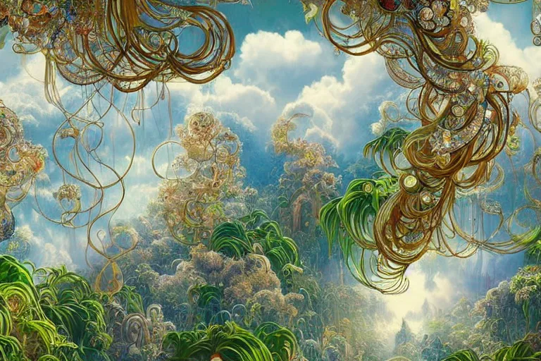 Image similar to simplicity, a huge flock of many ornate intricate puffy filigreed clouds tangled into large whirling ultra detailed crystal specimens, art nouveau jungle environment, playful, award winning art, epic dreamlike fantasy landscape, ultra realistic,