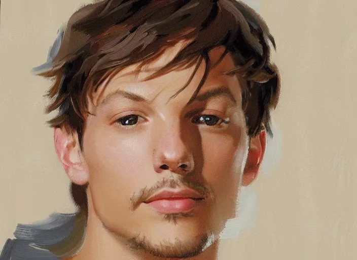 Image similar to a highly detailed beautiful portrait of louis tomlinson, by gregory manchess, james gurney, james jean