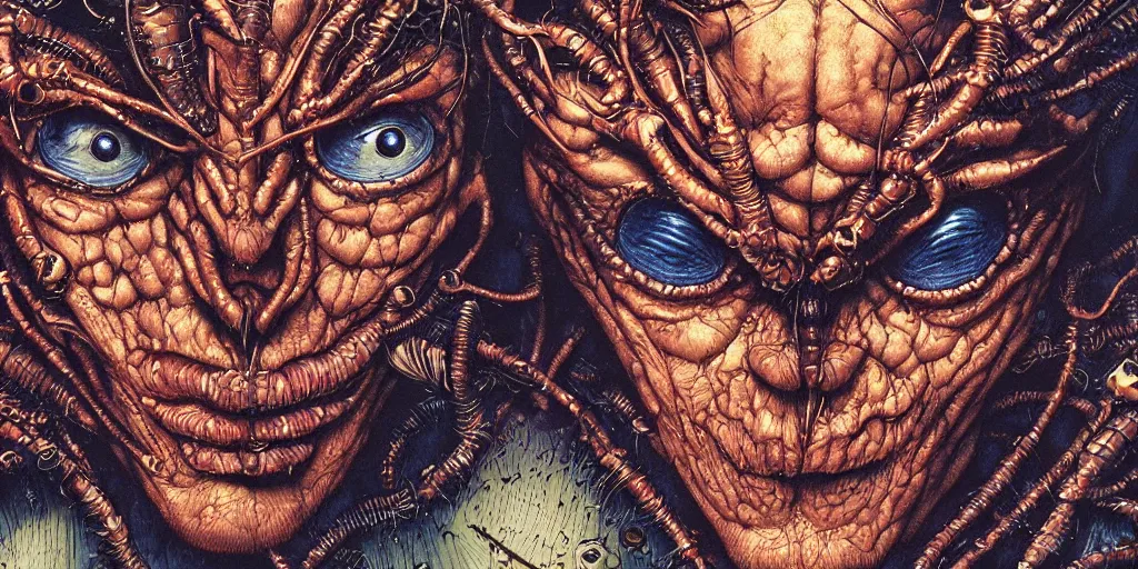 Image similar to closeup of insect man, by yoichi hatakenaka, masamune shirow, josan gonzales and dan mumford, ayami kojima, takato yamamoto, barclay shaw, karol bak