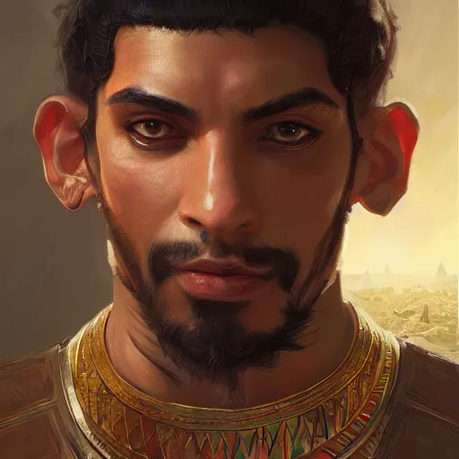 Prompt: egyptian nobleman, portrait, headshot, D&D, fantasy, highly detailed, digital painting, artstation, concept art, sharp focus, illustration, art by artgerm and greg rutkowski and alphonse mucha