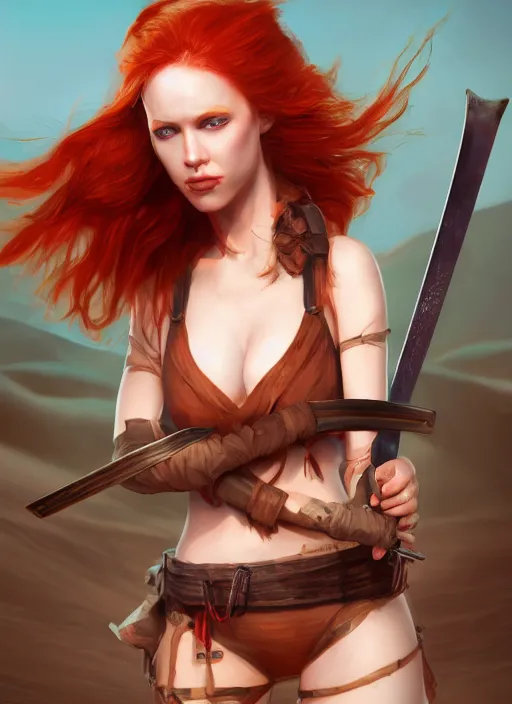 Image similar to Redhead girl which chest wrapped in bandages with katana in desert, fantasy, medieval, vivid colors, fantasy, elegant, concept art, sharp focus, beautiful face, digital art, Hyper-realistic, 4K, Unreal Engine, Highly Detailed, HD, Dramatic Lighting by Brom, trending on Artstation