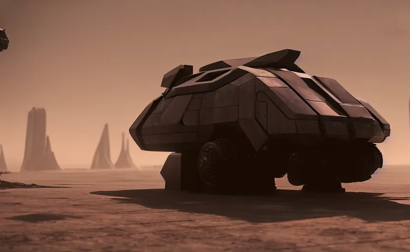 Image similar to an armored futuristic sci fi vehicle, unreal engine, cinematic lighting