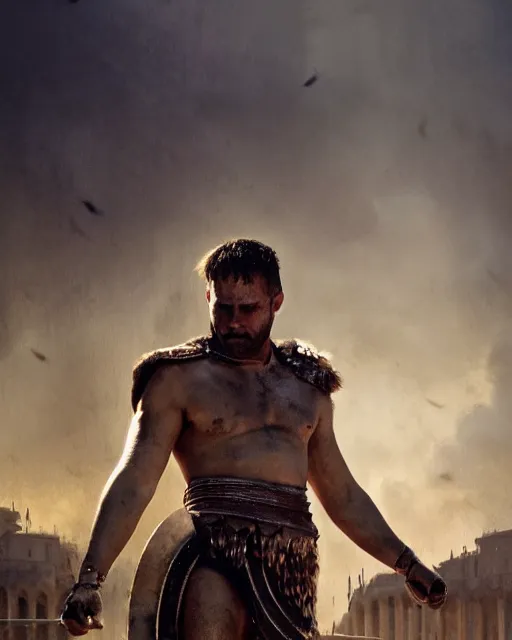 Image similar to Movie poster of a Roman gladiator, out of focus colosseum in background with spectators, in the style of Greg Rutkowski and Ace Powell and Jean Giraud, extremely moody lighting, glowing light and shadow, atmospheric, shadowy, cinematic