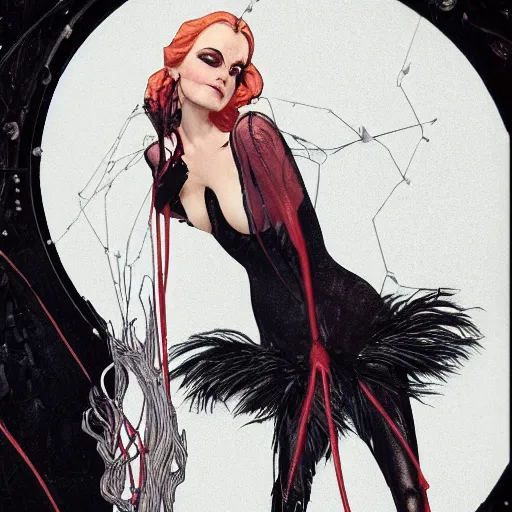 Prompt: dark swan queen, black hair, black feathers instead of hair, gothic, red lips, feathers growing out of skin, black fingers with black claws, bird feet, black bodysuit, disney villain, dark fae, moulting, suspended in zero gravity, on spaceship with cables hanging down, highly detailed, mucha, mike mignogna, comic book, illustration