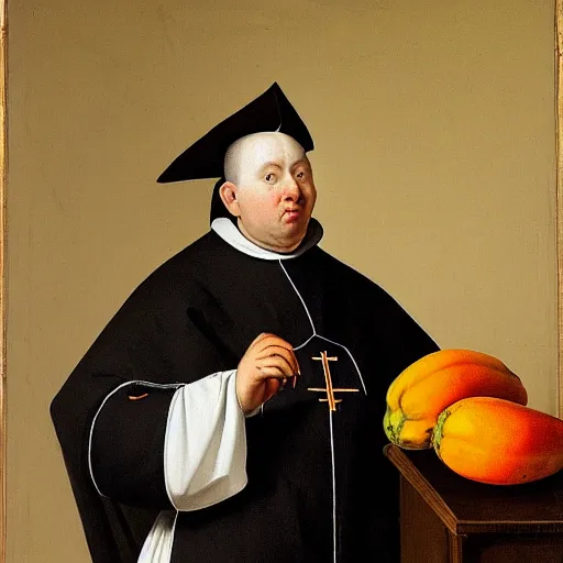 Image similar to A catholic priest with clothes made of papayas, papaya pattern clothes, papaya garments, art by Pieter Claesz, baroque, chiaroscuro