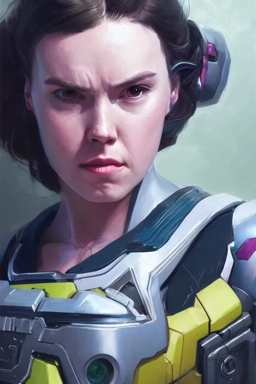 Image similar to Portrait of Daisy Ridley cosplaying as DVA from Overwatch, marvel comics, dark, intricate, highly detailed, smooth, artstation, digital illustration by Ruan Jia and Mandy Jurgens and Artgerm and Wayne Barlowe and Greg Rutkowski and Zdislav Beksinski