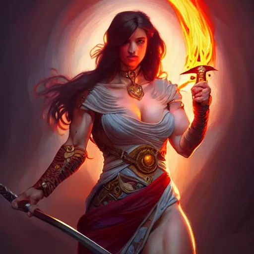 Image similar to female holding a flaming sword, muscular upper body, D&D, fantasy, intricate, elegant, highly detailed, digital painting, artstation, concept art, smooth, sharp focus, illustration, art by artgerm and greg rutkowski and alphonse mucha