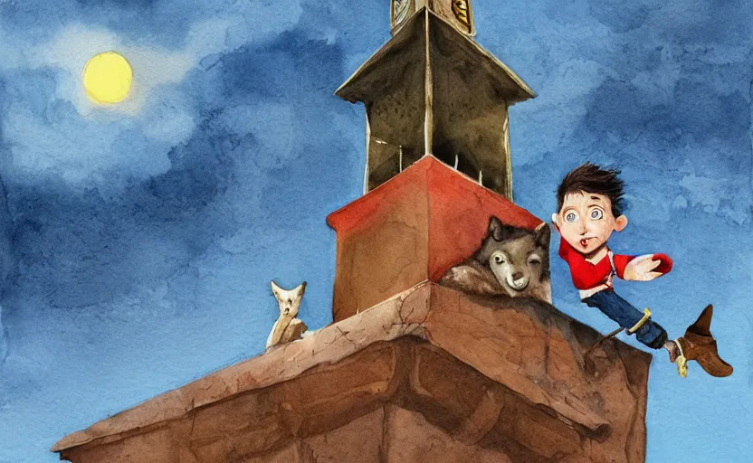 Image similar to a boy fighting a wolf on the edge of a clocktower, by oliver jeffers, watercolor, print