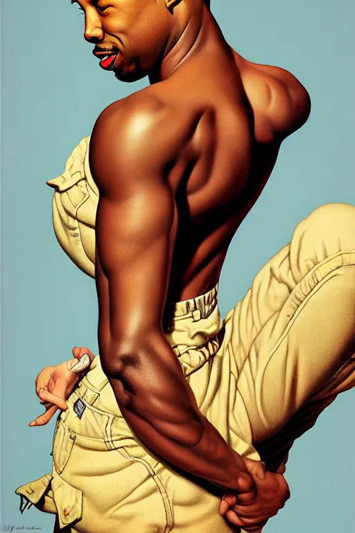 Prompt: michael b. jordan by gil elvgren and norman rockwell and rob gonsalves and hajime sorayama, hyperrealistic, high detail, ultra detailed, highly detailed face, ruffled fabric