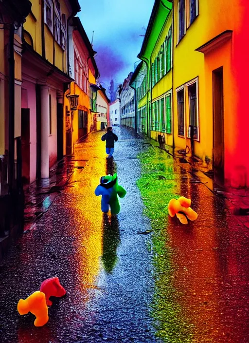 Prompt: colored gummy bears walking down a rainy street in sopron, cobbled road, by james gurney, cyberpunk, dystopian art, epic, dramatic lighting, intricate details, scifi, hd