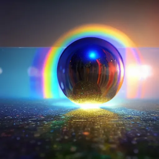 Image similar to crystal ball floating in rainbow space, realistic artstyle, wide shot, dramatic lighting, octane render, hyperrealistic, high quality, highly detailed, HD, beautiful, cinematic, 8k, unreal engine, facial accuracy, symmetrical