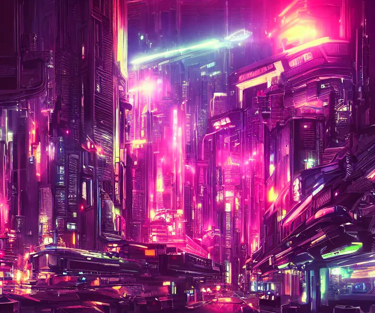 Prompt: futuristic cityscape, dark sci fi, neon lights, lively, highly detailed, sharp