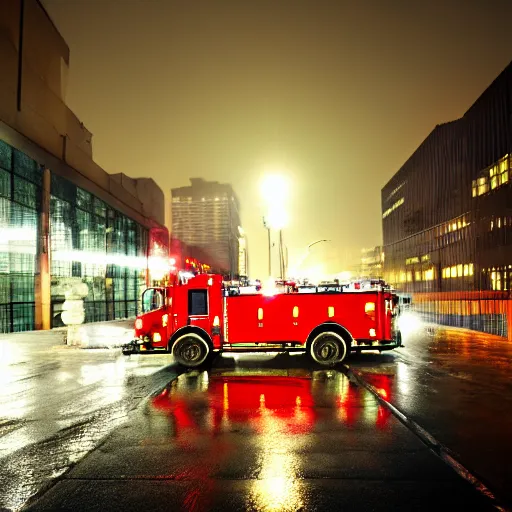 Prompt: A firetruck at night, flashing lights, wet reflective concrete, city, photograph, award winning, deviantart-n 9