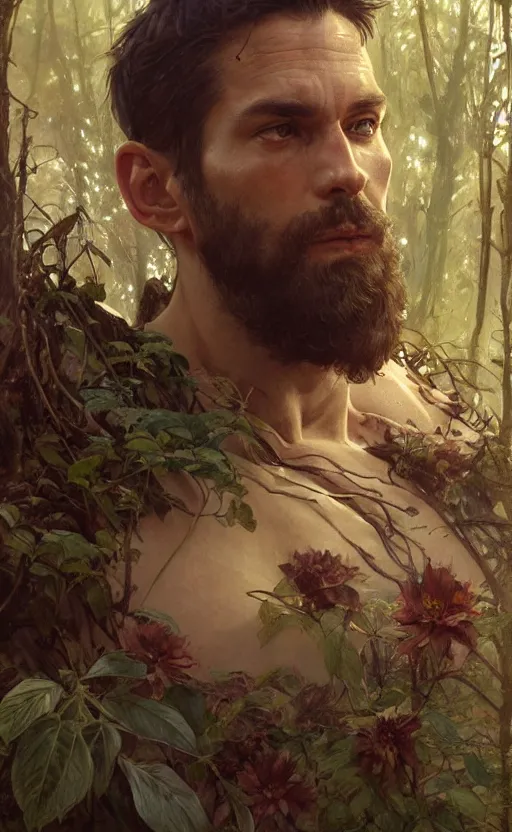 Image similar to god of the forest, 3 0 years old, rugged, handsome, male, detailed face, clean lines, atmospheric lighting, amazing, full body, flowers, muscular, intricate, highly detailed, digital painting, artstation, concept art, sharp focus, illustration, art by greg rutkowski and alphonse mucha