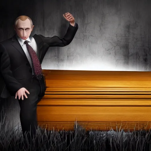 Prompt: sad dead Putin lies in a coffin. dramatic lighting, award winning studio photo