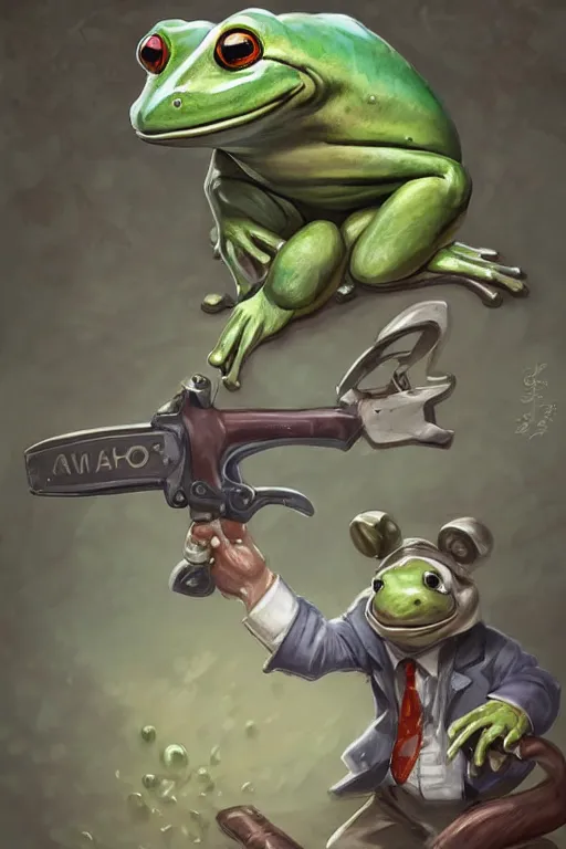 Image similar to cute anthropomorphic frog wearing a fancy suit , tuxedo and holding a chainsaw ,tiny, small, miniature frog, baby animal, short, pale blue armor, cute and adorable, pretty, beautiful, DnD character art portrait, matte fantasy painting, cgsociety Artstation, by Jason Felix by Steve Argyle by Tyler Jacobson by Peter Mohrbacher, cinematic lighting