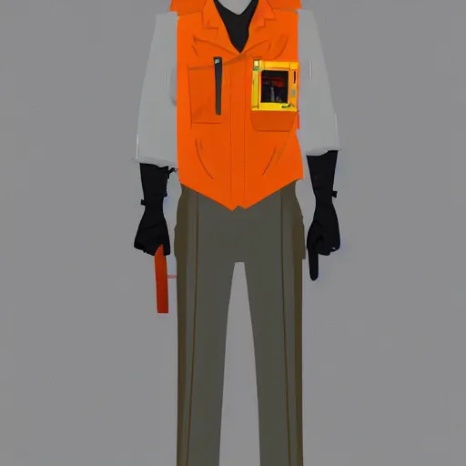Image similar to character concept art of heroic stoic emotionless butch blond handsome woman engineer with very short slicked - back butch hair, narrow eyes, wearing atompunk jumpsuit, orange safety vest, retrofuture, highly detailed, science fiction, illustration, oil painting, pulp sci fi