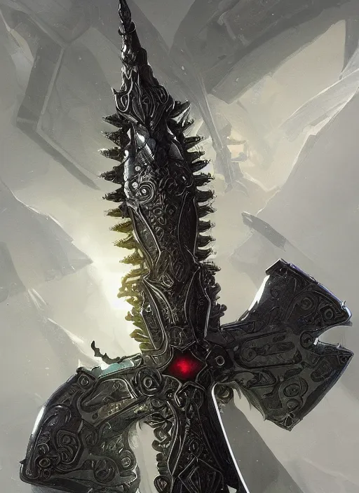 Prompt: legendary sword of technology, intricate black and iridescent blade, ornate gothic baroque spikes, glowing handle, detailed realistic, ray tracing, colored gems, art by greg rutkowski