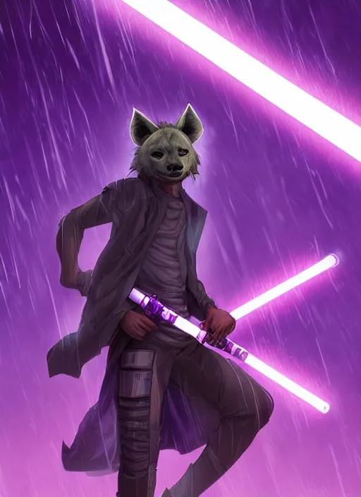 Prompt: beautiful portrait commission of a male furry anthro hyena fursona jedi wielding a purple lightsaber in a cyberpunk city at night in the rain. character design by charlie bowater, ross tran, artgerm, and makoto shinkai, detailed, inked, western comic book art