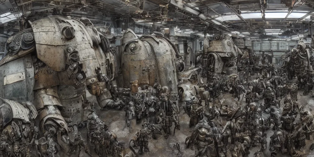 Image similar to wide angle panorama shot photo taken of an epic intricate, ultra detailed, super realistic gritty, hero prop, exquisitely weathered very clunky, bulky fallout 5 power armour suits movie prop replica's in a row in the workshop, created by weta workshop, full body shot, photorealistic, sharp focus, white wall, cold colour temperture