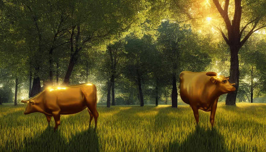 Prompt: golden cow in a green field, sunny day, reflections, wood, volumetric light, hyperdetailed, artstation, cgsociety, 8 k