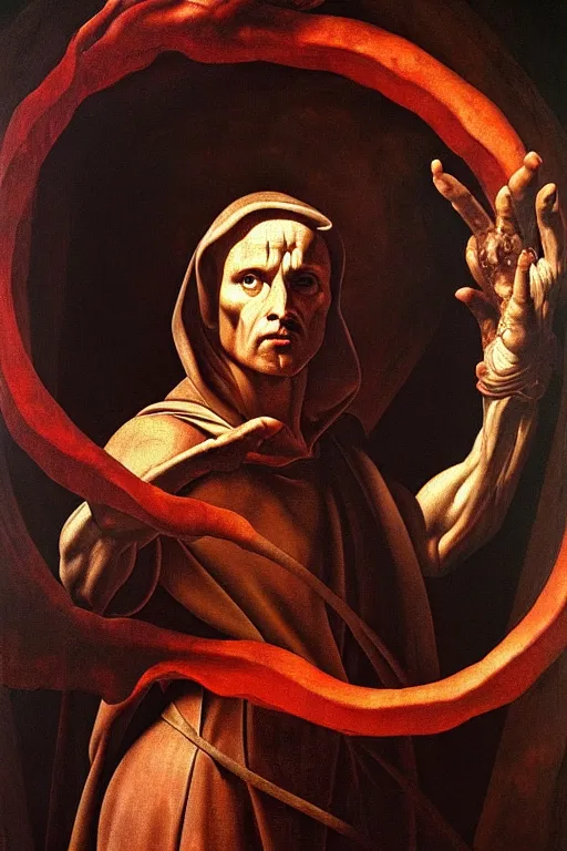 Image similar to portrait of diablo stepping forth from a demonic portal, oil painting, high detail, dark lighting, atmospheric, extremely detailed, intricate, da vinci, michelangelo, caravaggio, hans holbein, raphael, donatello, 8 k