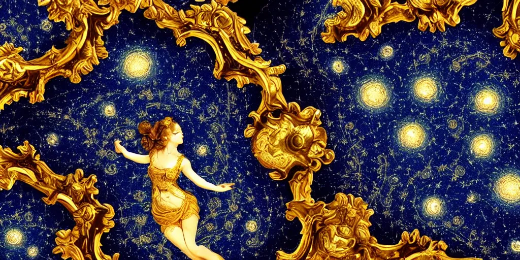 Prompt: sky in a starry night with glowing meteor showers, ascension of a woman decomposing and dissolving into moon, dark - blue black gold beige saturated, ornate baroque rococo art nouveau intricate detail, 3 d specular lighting, cinematic, no blur, no bokeh, no depth of field, uplight