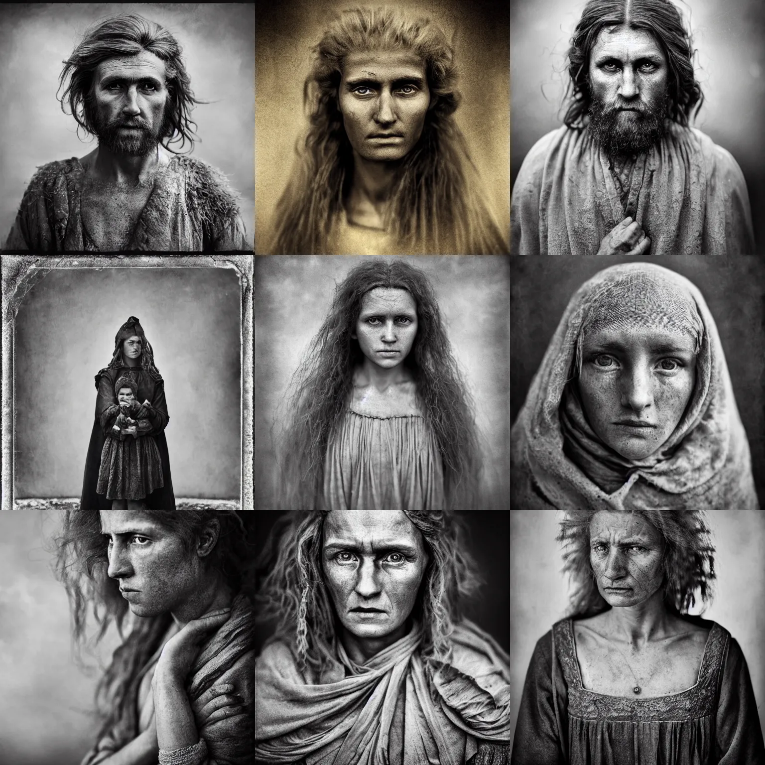 Prompt: Award Winning detailed reportage full-body Portrait of a Early-medieval Russian family with incredible hair and beautiful eyes wearing period clothing by Lee Jeffries, 85mm ND 5, perfect lighting, gelatin silver process