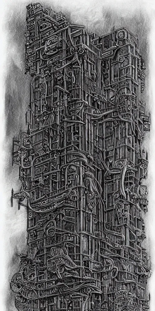 Image similar to a lovecraftian highly detailed ink sketch of a cyberpunk ruin by h. r giger in the style of art - deco art, 8 k