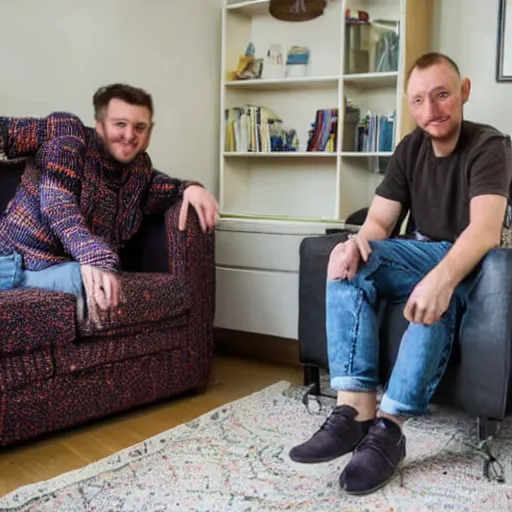 Prompt: photograph of Mark and Jez at their flat in Croydon