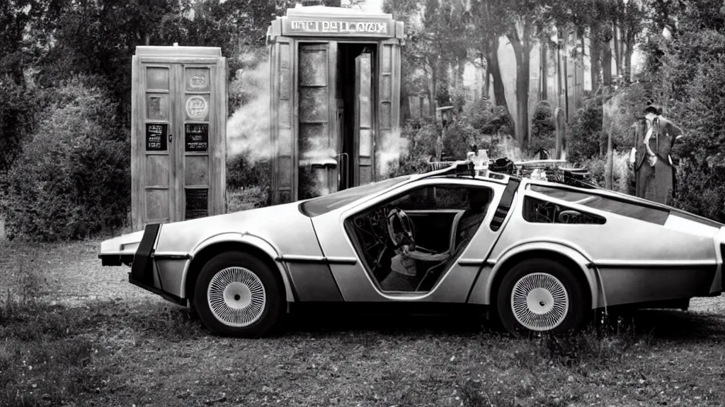 Prompt: a DeLorean in front of the TARDIS daguerreotype