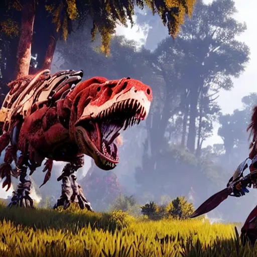 Image similar to gameplay of horizon zero dawn, six - fi mechanical tyrannosaurus rex, highly detailed