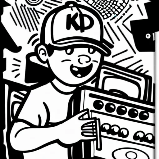 Image similar to cartoon line drawing illustration, in fine detail, of a kid wearing a baseball cap, playing a Korg MS-20 synthesizer, in the style of The Beano, sharpie, black and white, long shot, white background, graffiti marker, graffiti character, 90s cartoon,