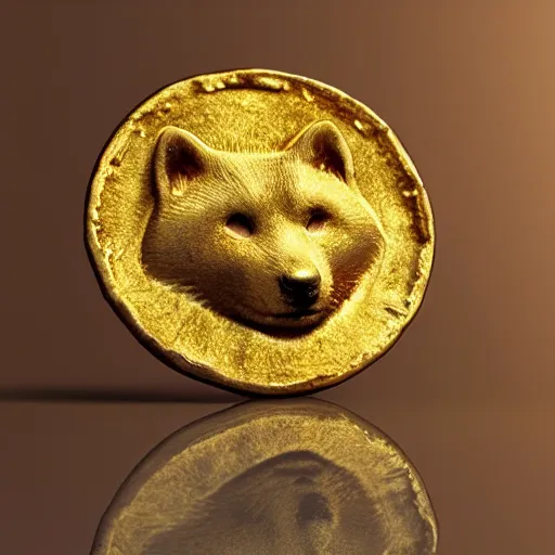 Image similar to an ancient roman gold coin with the face of a shiba inu, close up photo, ultra realistic, studio photo, bokeh. intricate details.